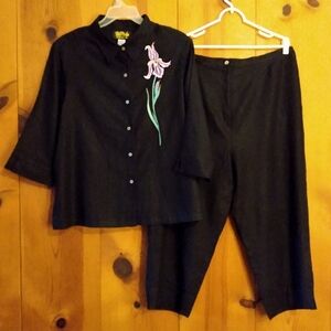 Bob Mackie Linen Cropped Pants/Shirt Set with Embroidered Iris Detail